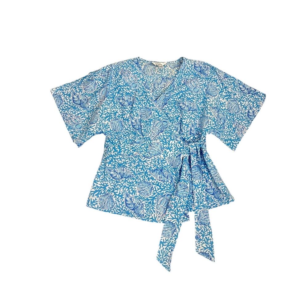 Lilly Pulitzer Blue White Seashell Beach Cotton Kimono Sleeve Wrap Top Medium